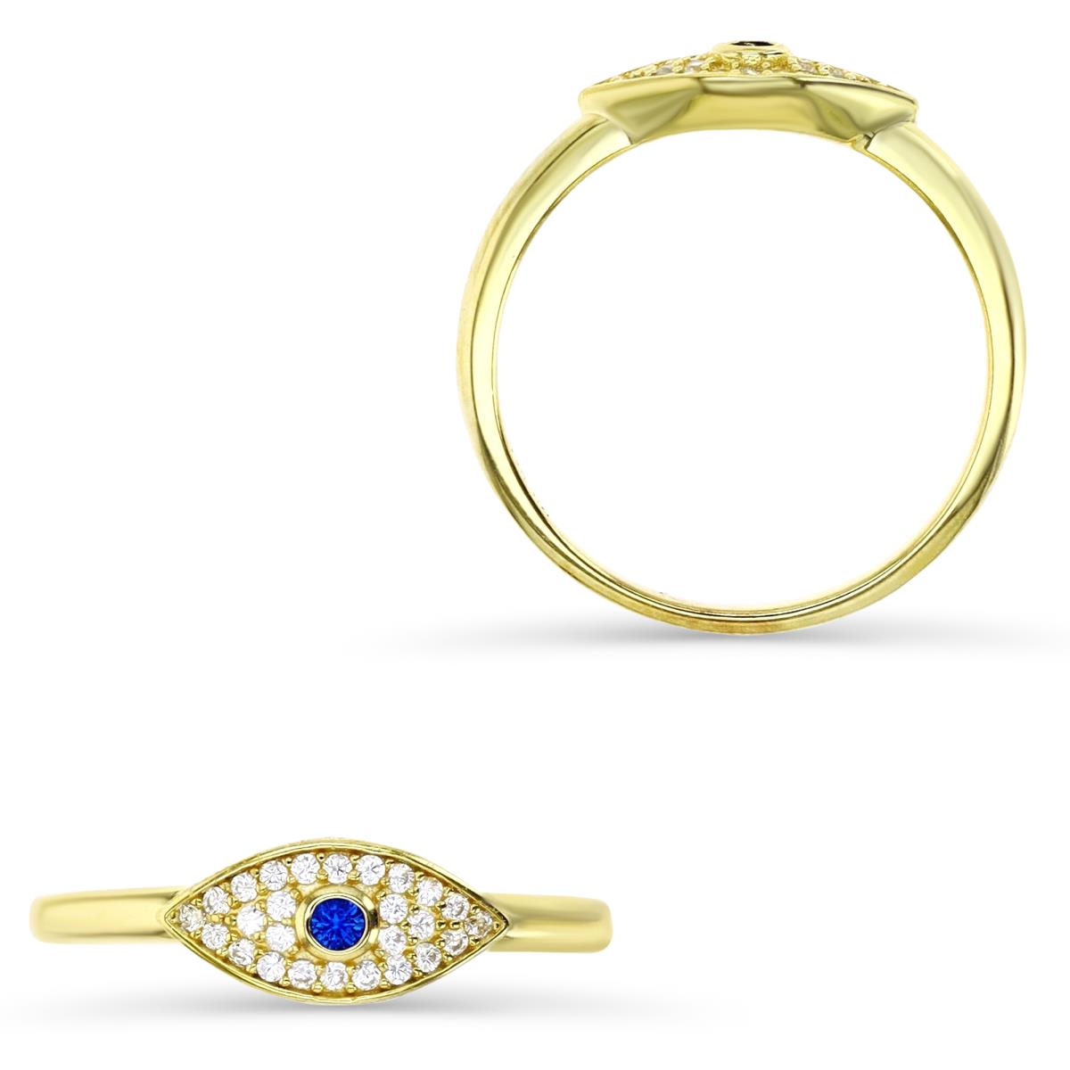 Sterling Silver Yellow 6MM Cr Blue Spinel & White CZ Evil Eye Ring