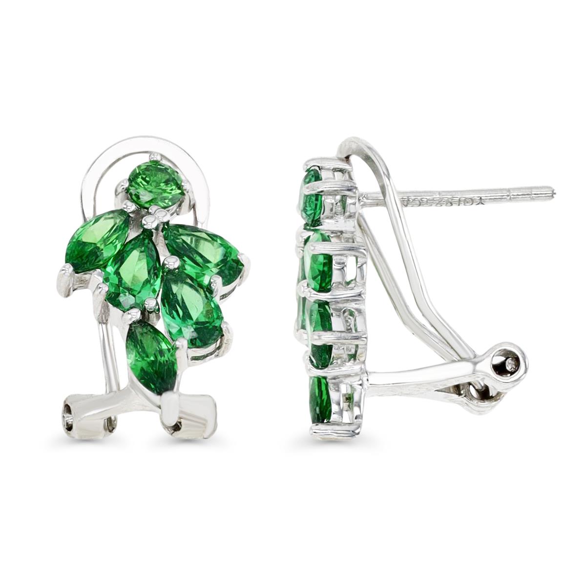Sterling Silver Rhodium 16X10MM Polished Green CZ Classic Pear Shape & Marquise Omega Back Earring