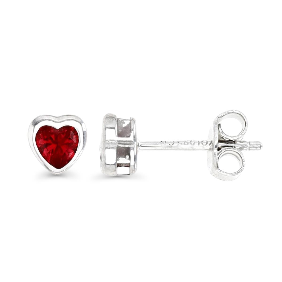 Sterling Silver Rhodium 5MM Polished Cr Ruby Bezel Heart Stud Earring