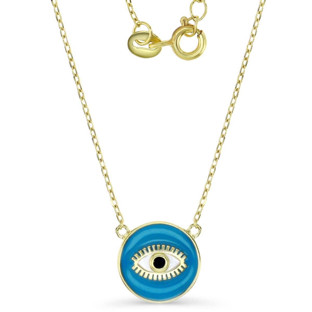 Sterling Silver Yellow 12MM Polished Black CZ Teal & White Enamel Evil Eye 16+2'' Rollo Necklace