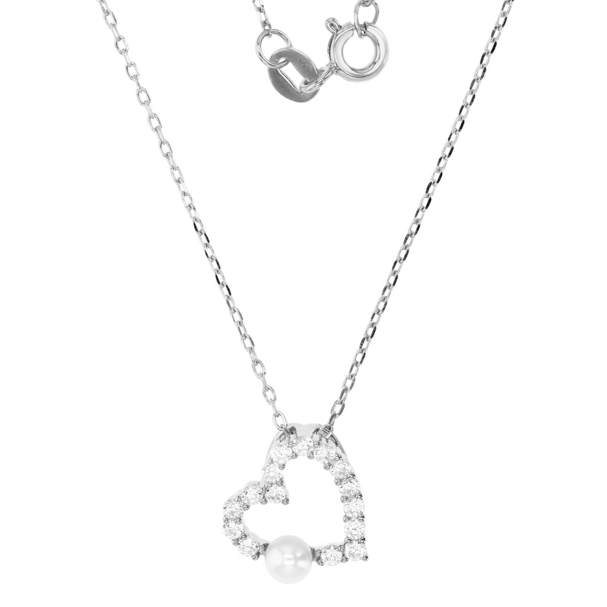 Sterling Silver Rhodium 12MM Polished White CZ & 4MM FWP Cut Out Heart 13+2'' Rollo Necklace