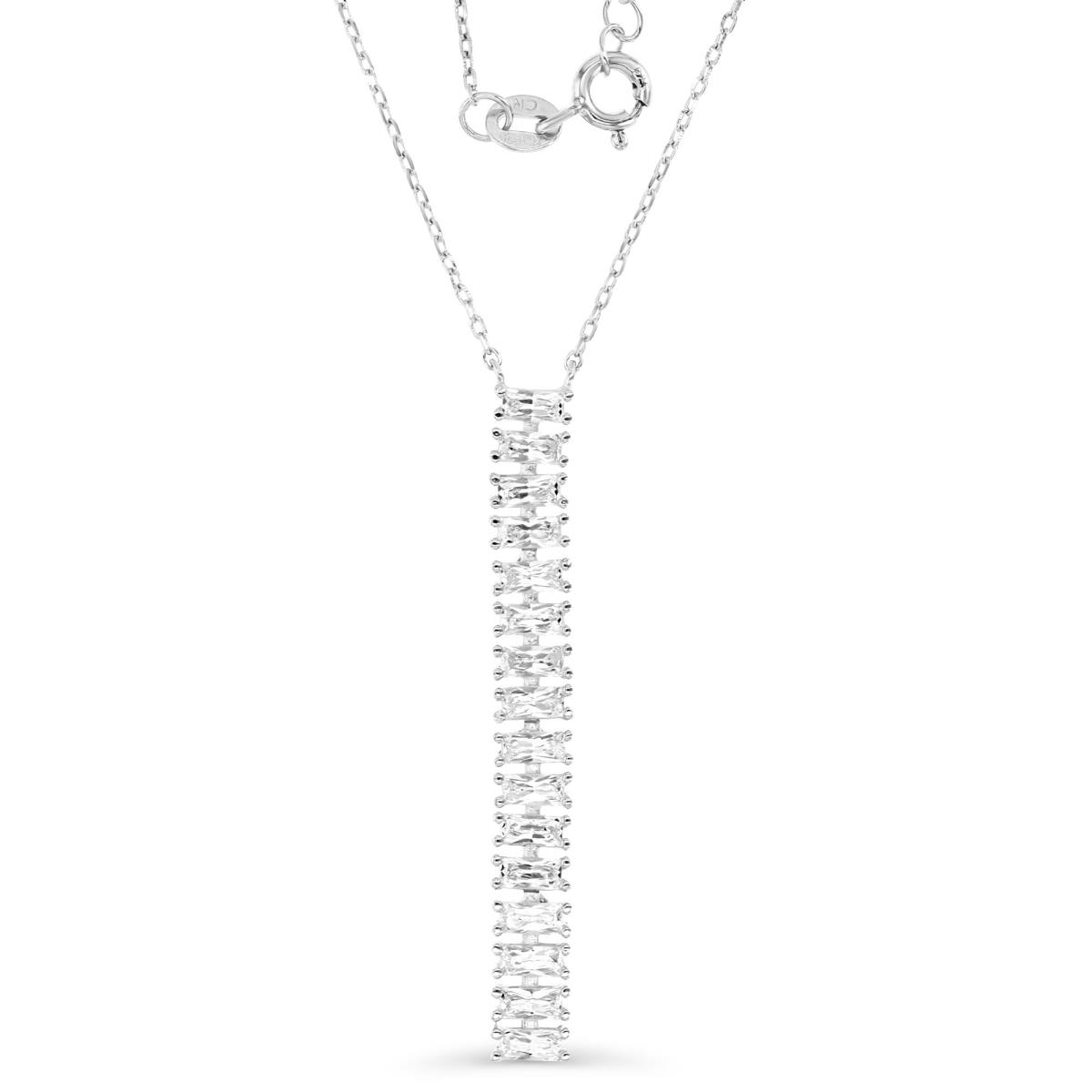 Sterling Silver Rhodium 43MM Polished White CZ Vertical Bar Dangling 16+2''  Necklace