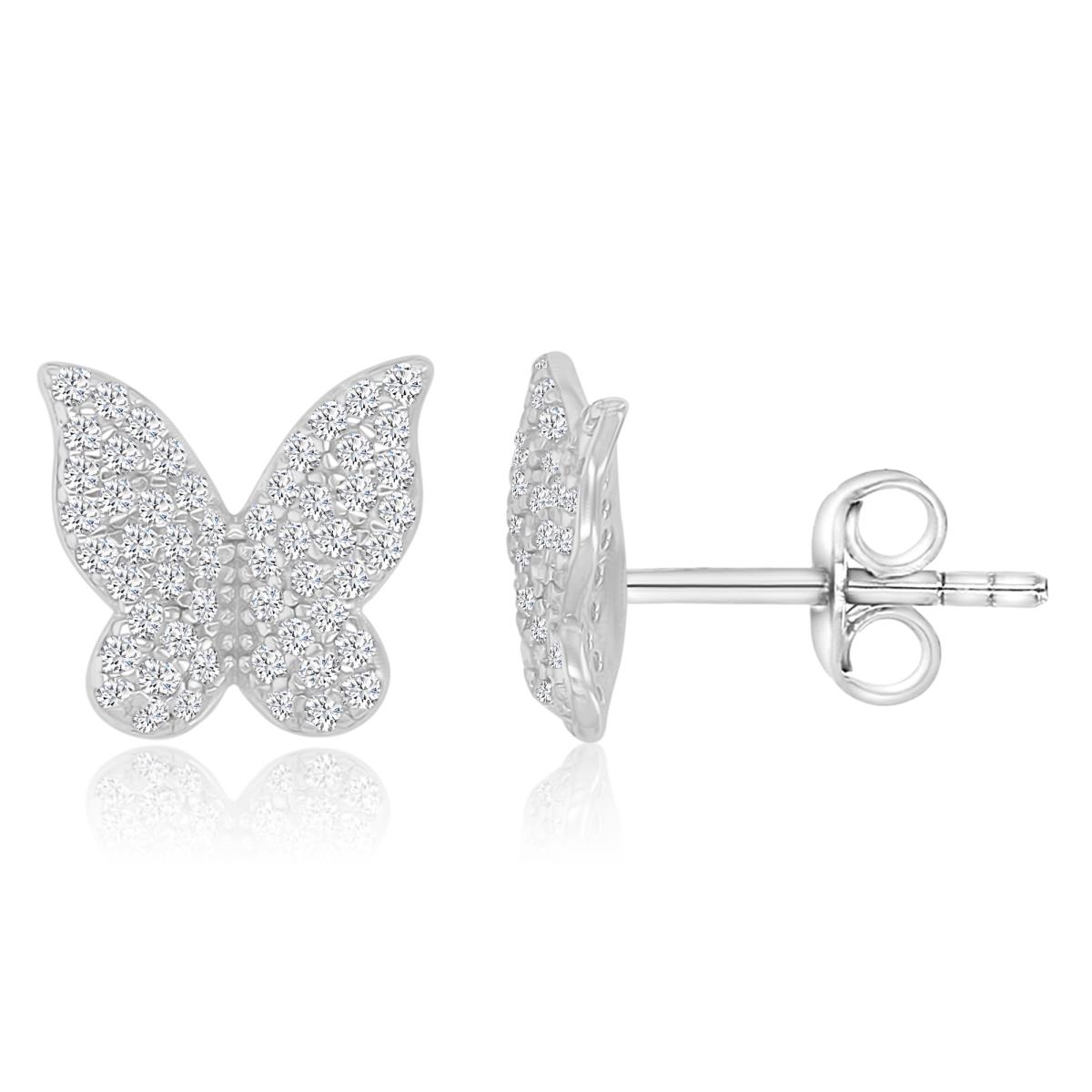 Sterling Silver Rhodium 10MM Polished White CZ Pave Butterfly Stud Earring