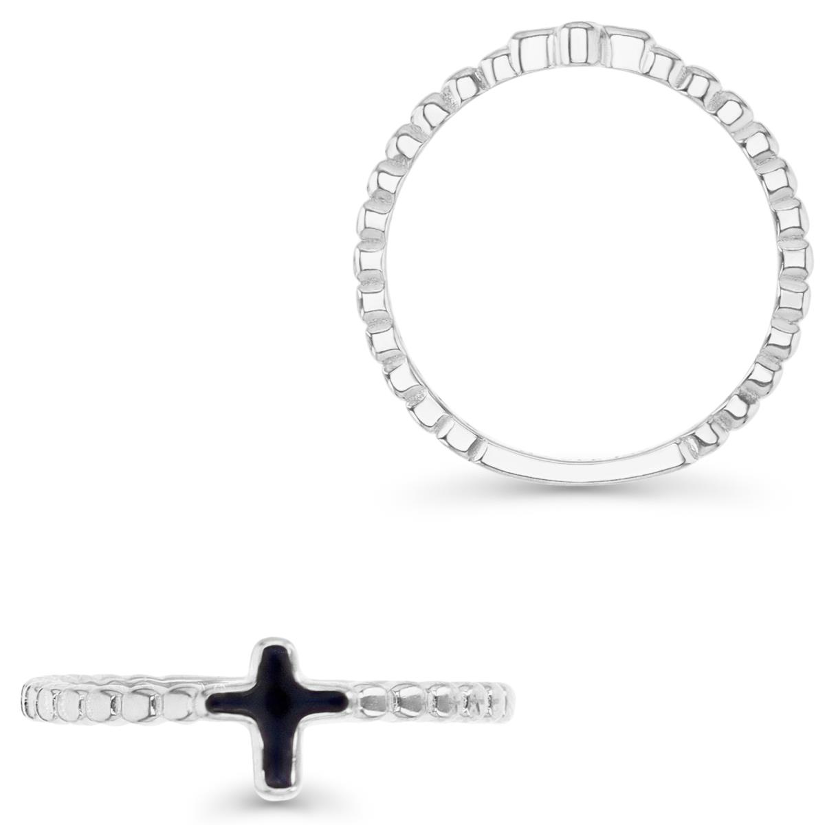 Sterling Silver Rhodium 6MM Polished Black Enamel Cross Beaded Ring