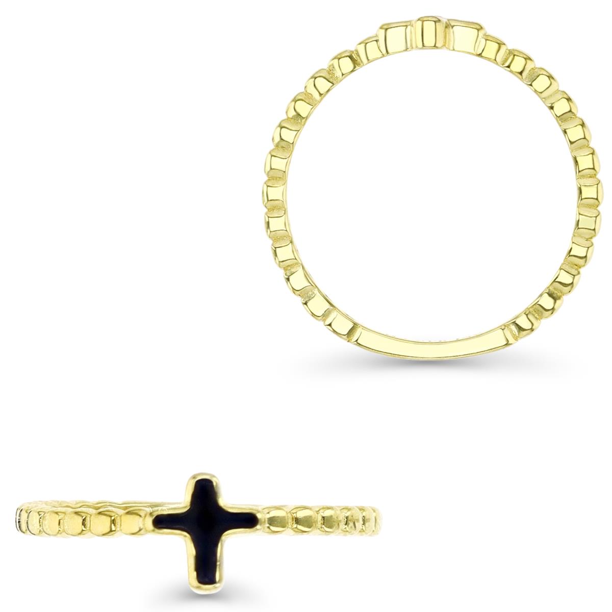 Sterling Silver Yellow 6MM Polished Black Enamel Cross Beaded Ring