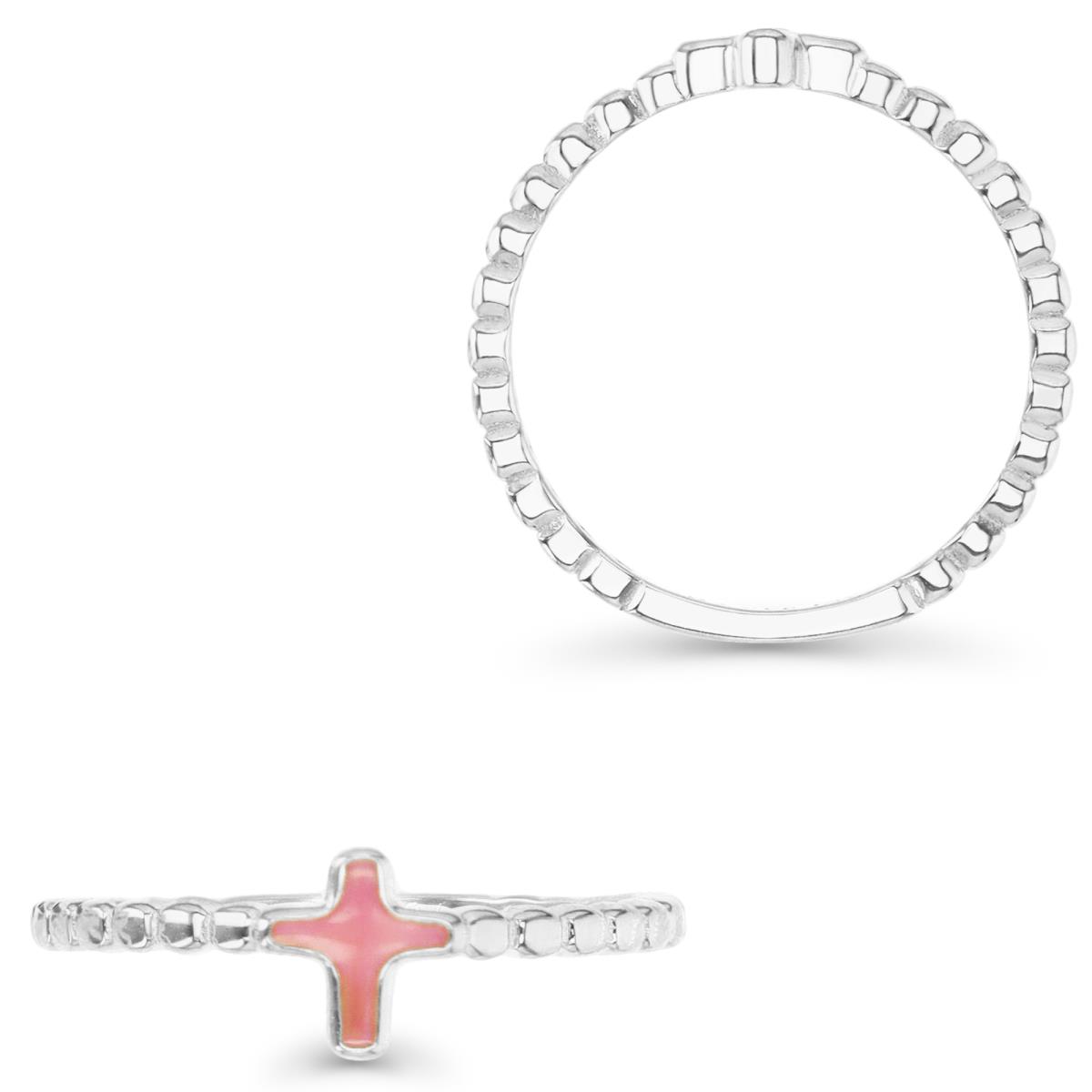 Sterling Silver Rhodium 6MM Polished Pink Enamel Cross Beaded Ring