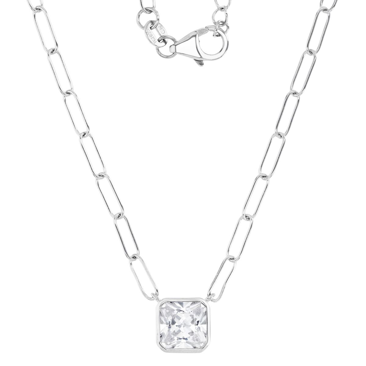 Sterling Silver Rhodium 9MM Polished White CZ Cushion Cut 18+2'' Paper Clip Necklace