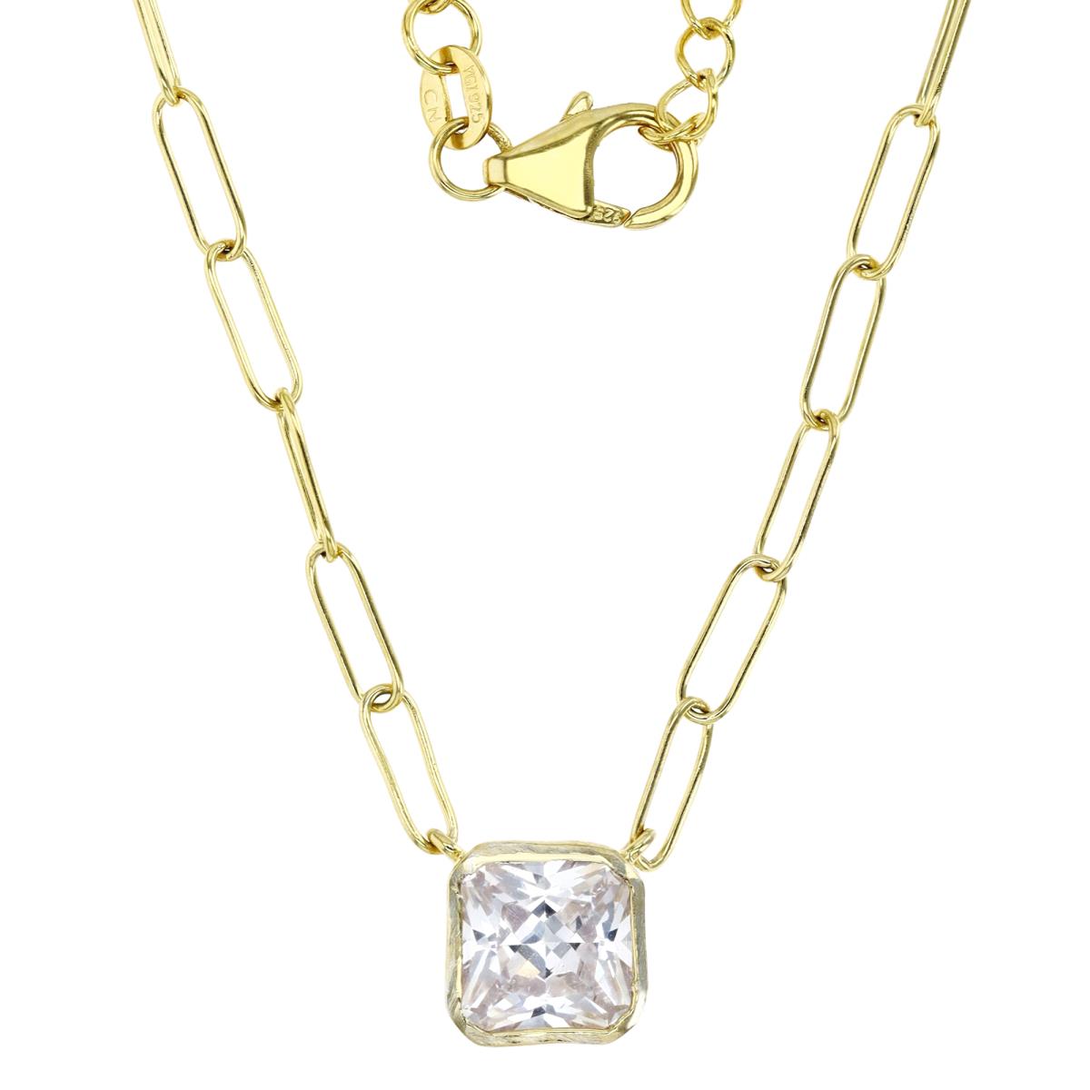 Sterling Silver Yellow 1M 9MM Polished White CZ Cushion Cut 18+2'' Paper Clip Necklace