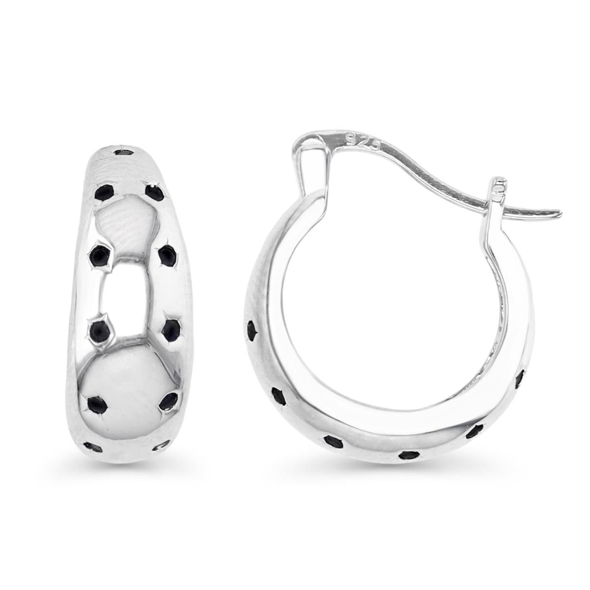 Sterling Silver Rhodium 15MM Polished Black Spinel Thick Hoop Earring