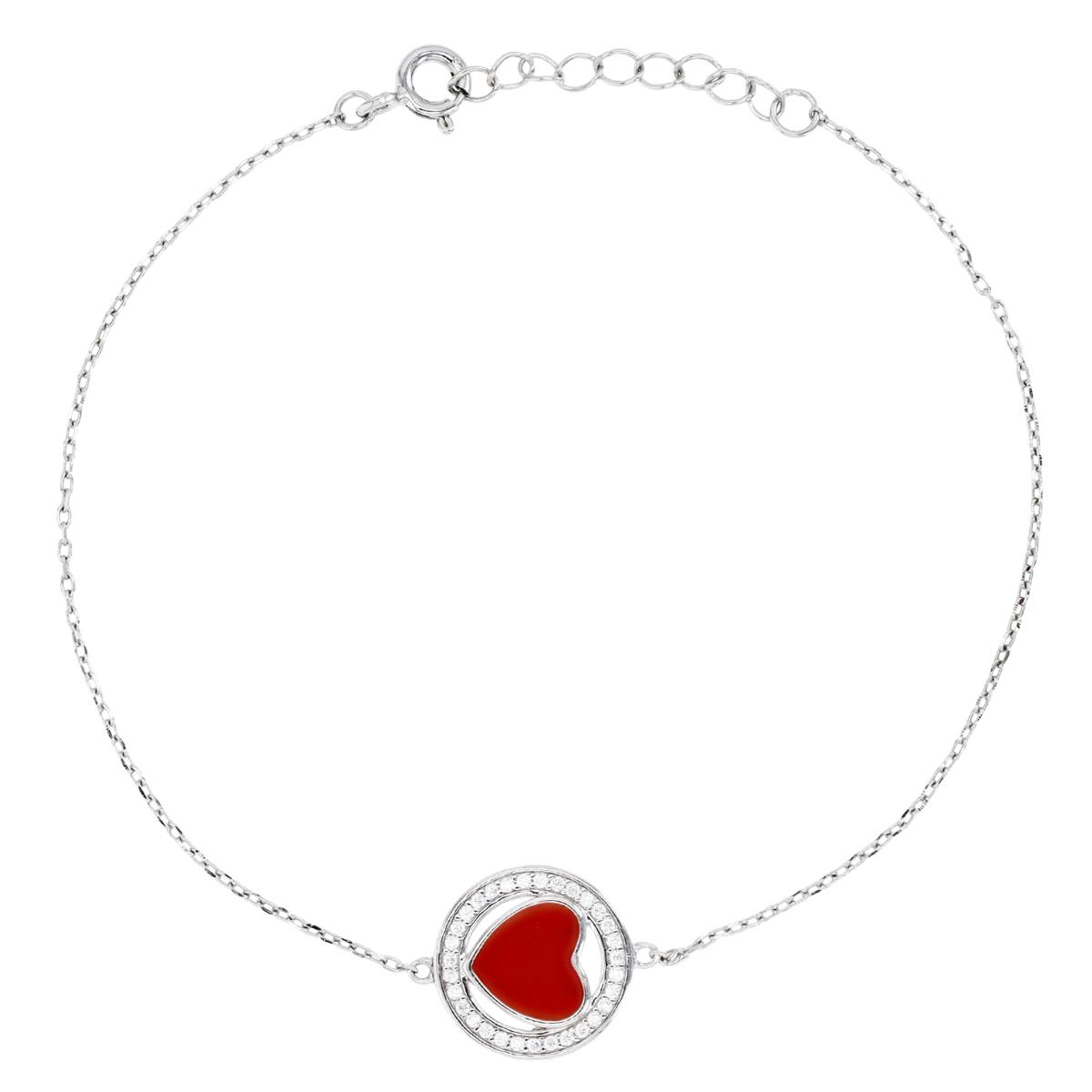 Sterling Silver Rhodium 13MM Polished White CZ Halo Red Enamel Heart 7+1'' Bracelet