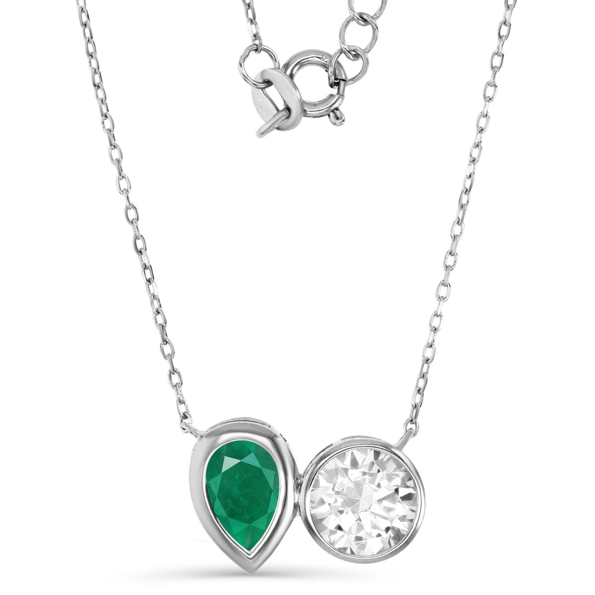 Sterling Silver Rhodium 17MM Polished Green & White CZ Rnd & Pear Shape Bezel 18+2'' Necklace