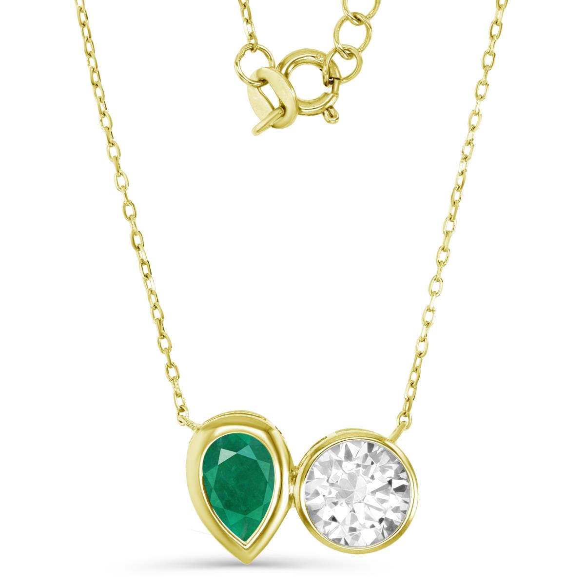 Sterling Silver Yellow 1M 17MM Polished Green & White CZ Rnd & Pear Shape Bezel 18+2'' Necklace