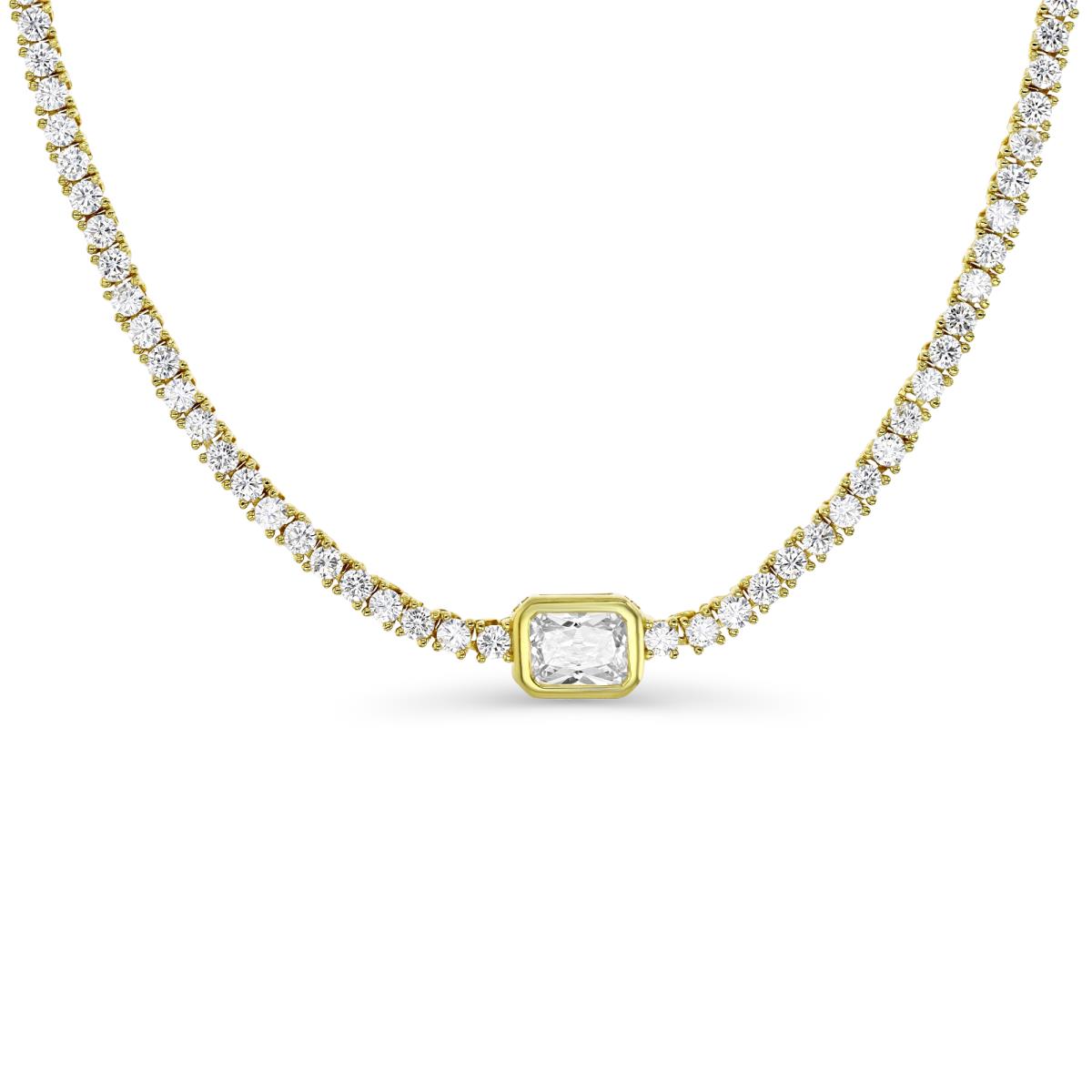 Sterling Silver Yellow 1M White CZ Rnd With Emeralc Cut Center 18'' Tennis Necklace