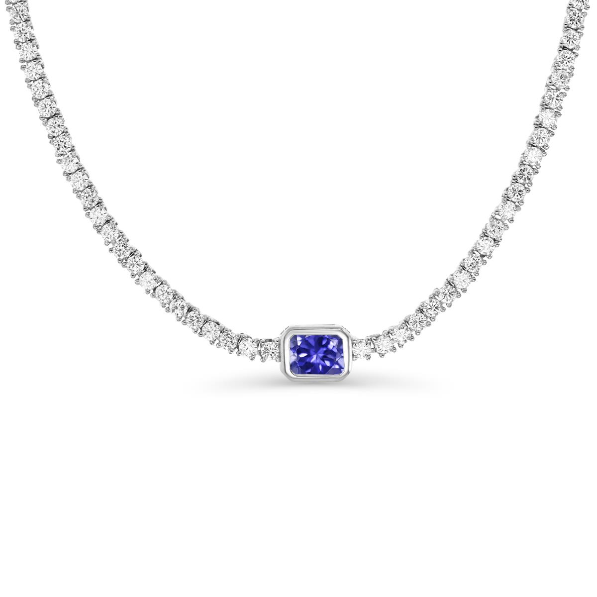 Sterling Silver Rhodium White CZ Rnd WithTanzanite Emeralc Cut Center 18'' Tennis Necklace