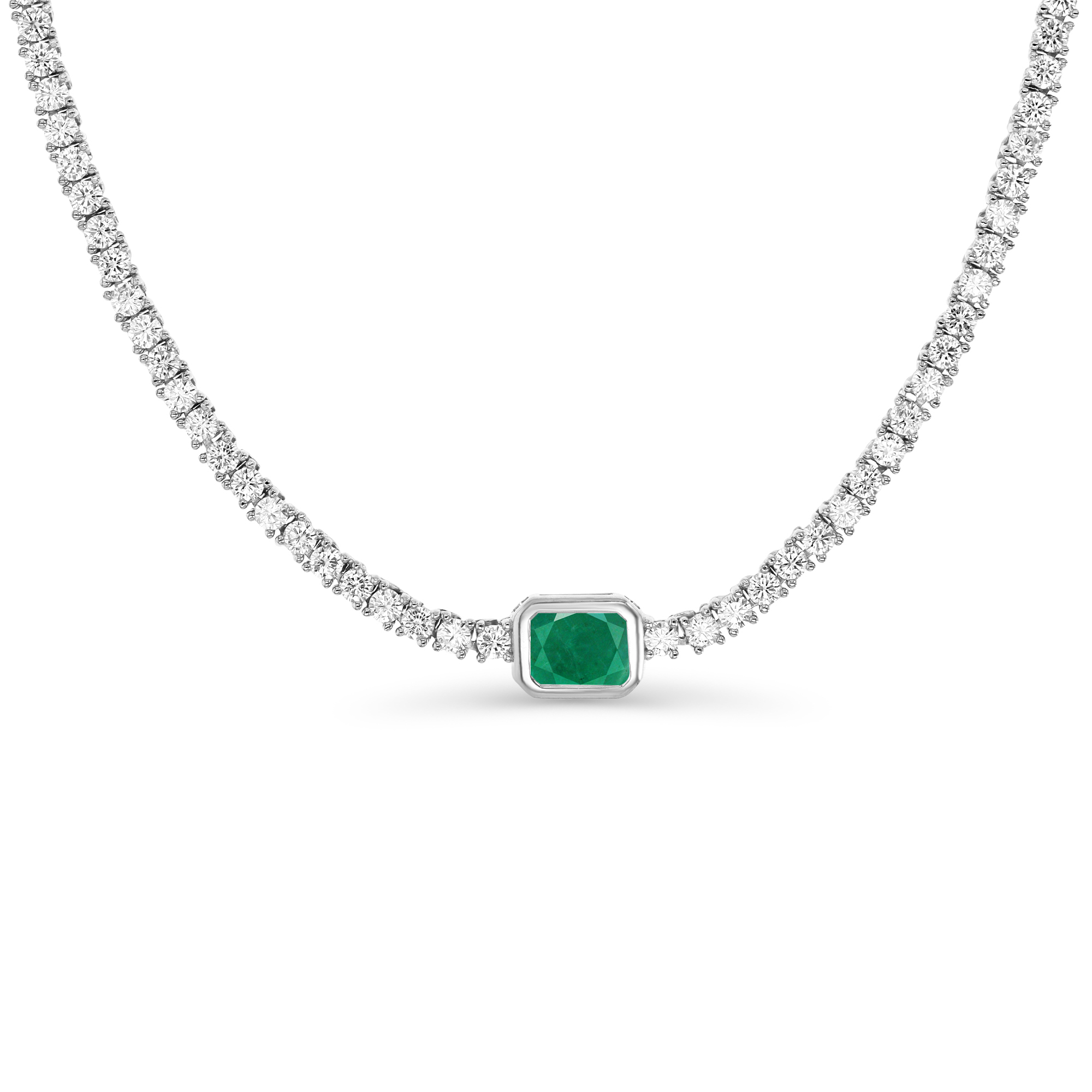 Sterling Silver Rhodium White CZ Rnd With Green CZ Emerald Cut Center 18'' Tennis Necklace