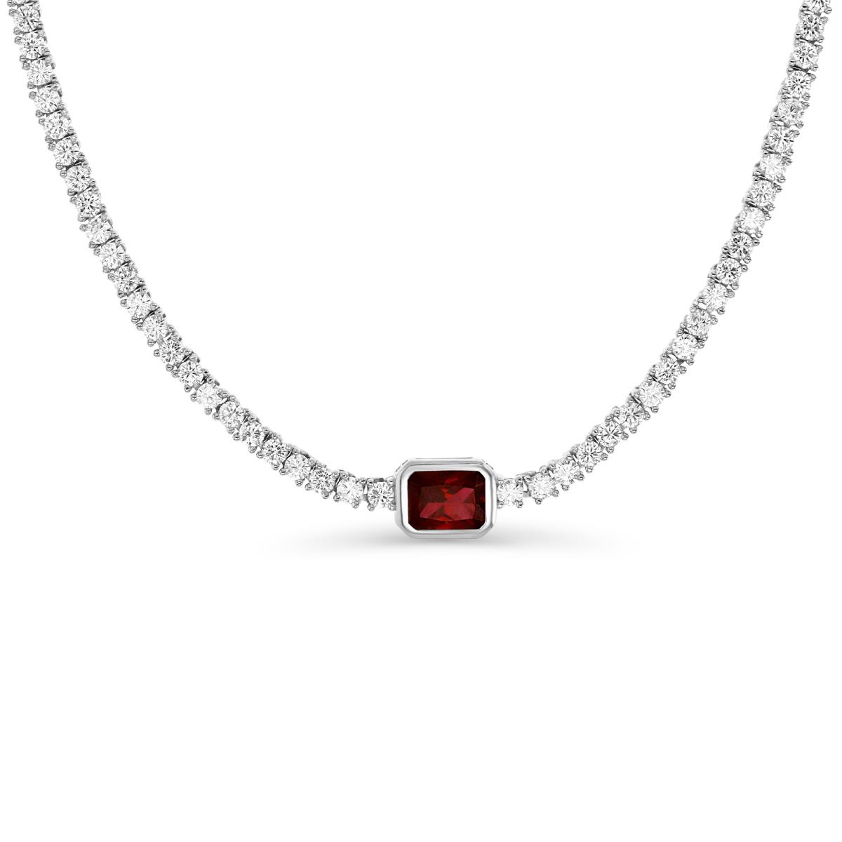 Sterling Silver Rhodium White CZ Rnd With CR Ruby Emeralc Cut Center 18'' Tennis Necklace
