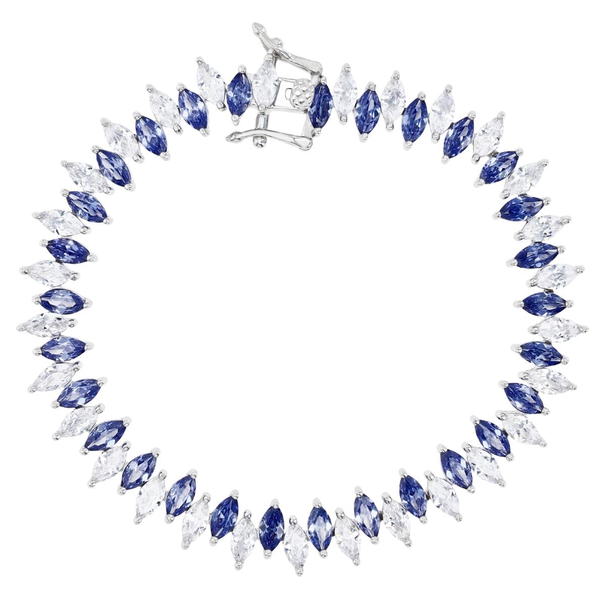 Sterling Silver Rhodium 9MM Polished Tanzanite & White CZ Marquise Zig Zag Tennis 7'' Bracelet