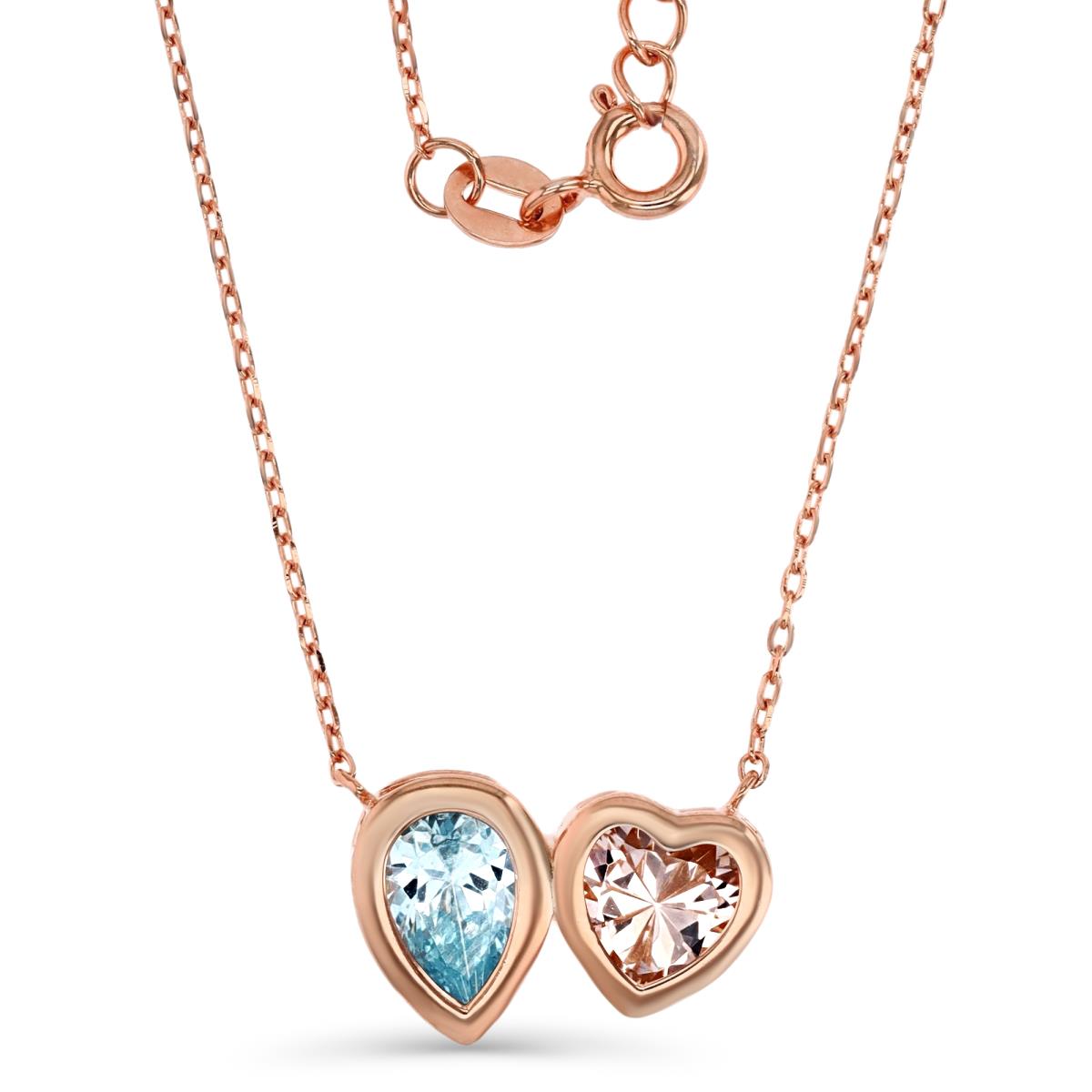 Sterling Silver Rose 11MM Polished Morganite & Light Blue  Pear & Heart Shape Bezel 18+2'' Necklace