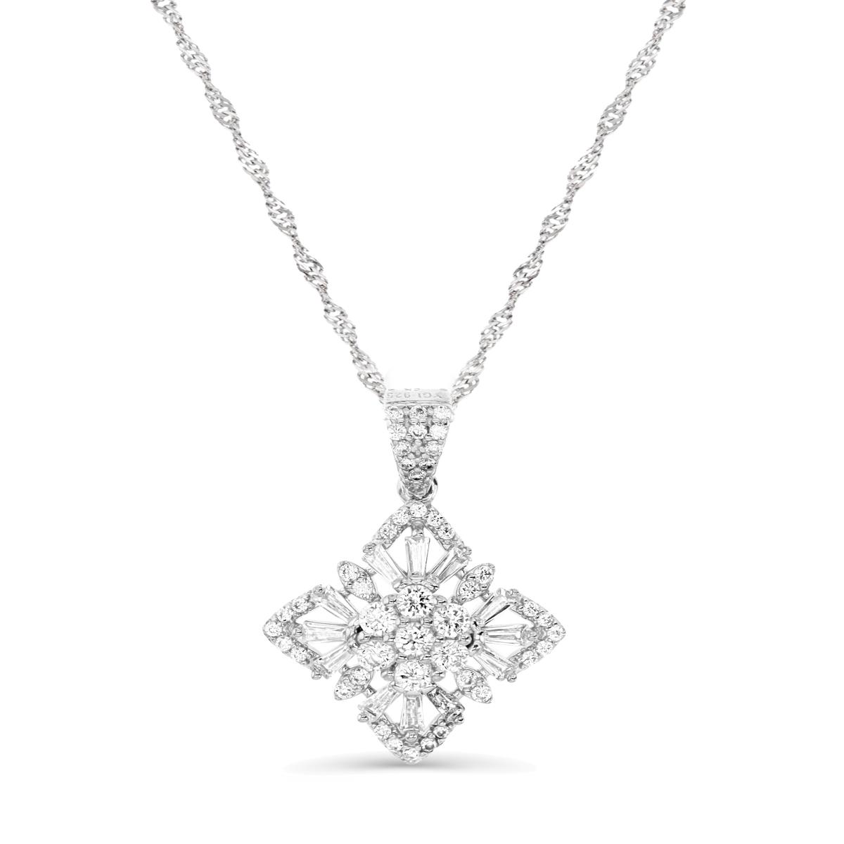 Sterling Silver Rhodium 25X18MM Polished White CZ Rhombus flower Dangling 18+2'' Singapore Necklace
