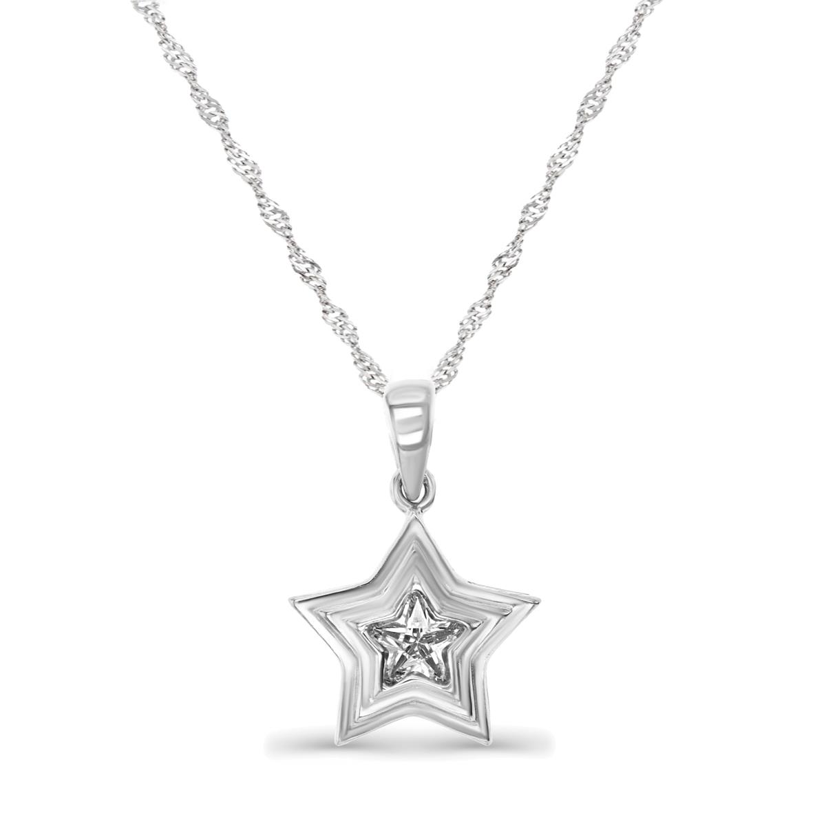 Sterling Silver Rhodium 18X13MM Polished White CZ Dangling Star 18+2'' Singapore Necklace