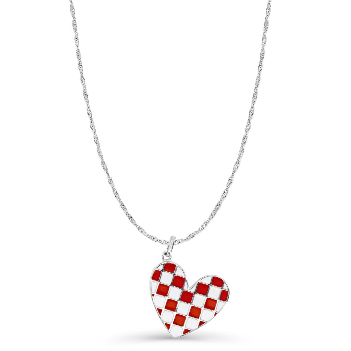 Sterling Silver Rhodium 27X21MM Red & White Enamel Heart Dangling 18+2'' Singapore Necklace