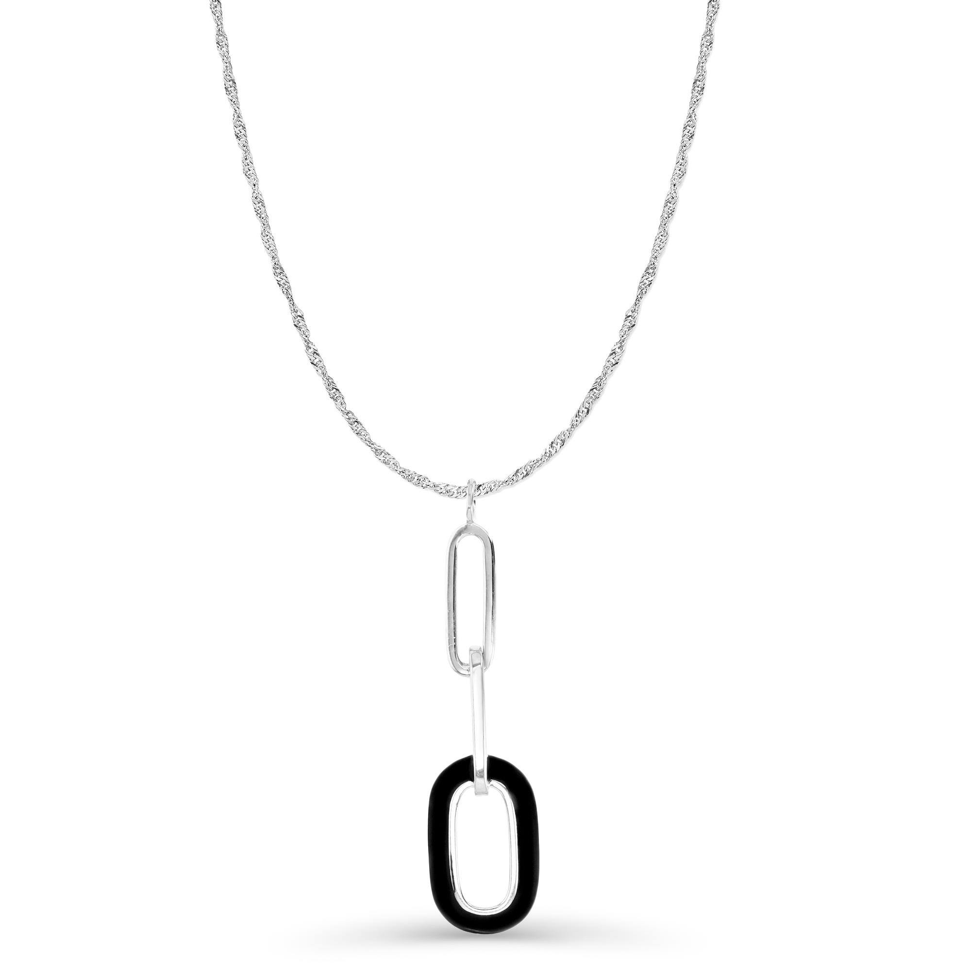 Sterling Silver Rhodium 40MM Polished Black Enamel Dangling Paperclip Link 18+2'' Singapore Necklace