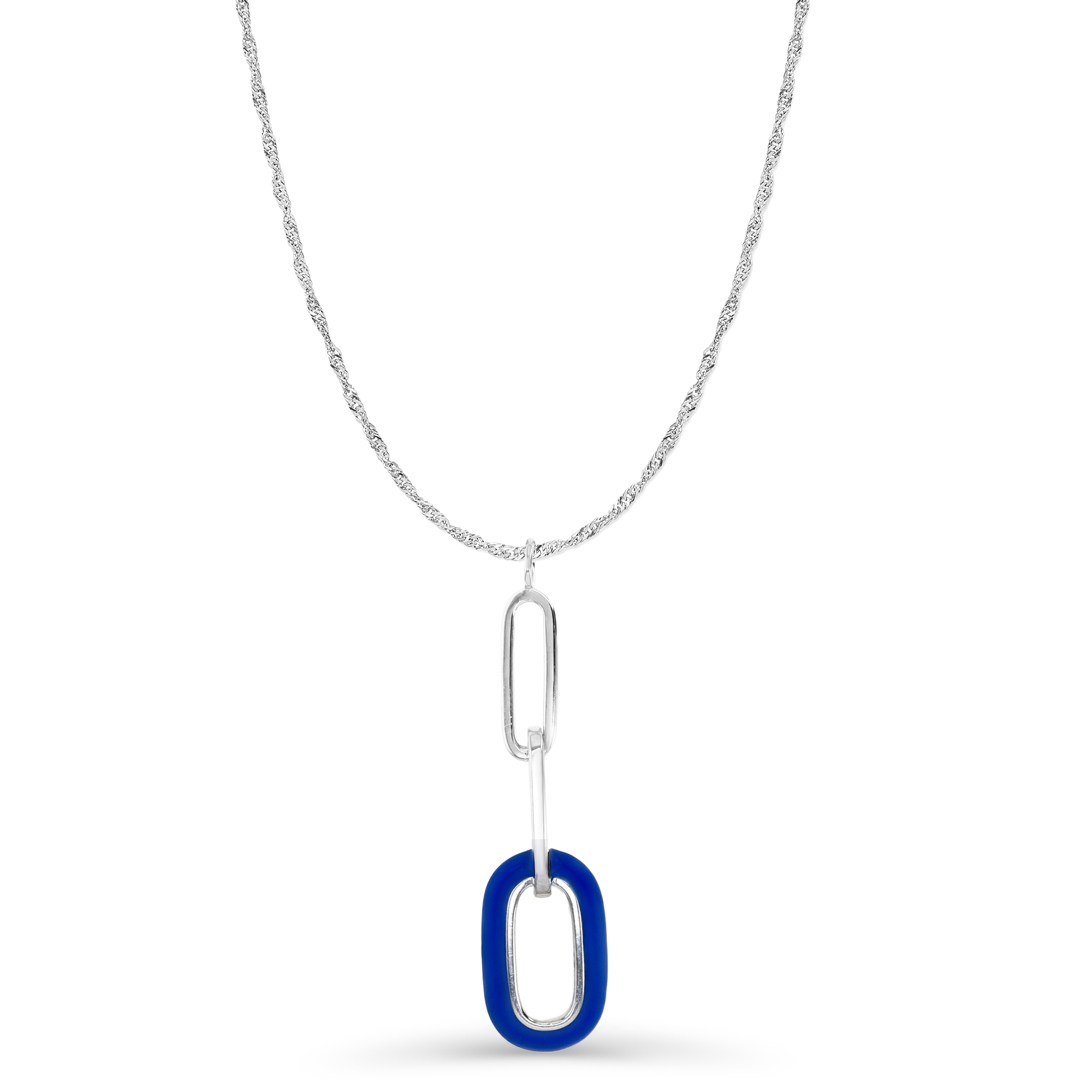 Sterling Silver Rhodium 40MM Polished Blue Enamel Dangling Paperclip Link 18+2'' Singapore Necklace