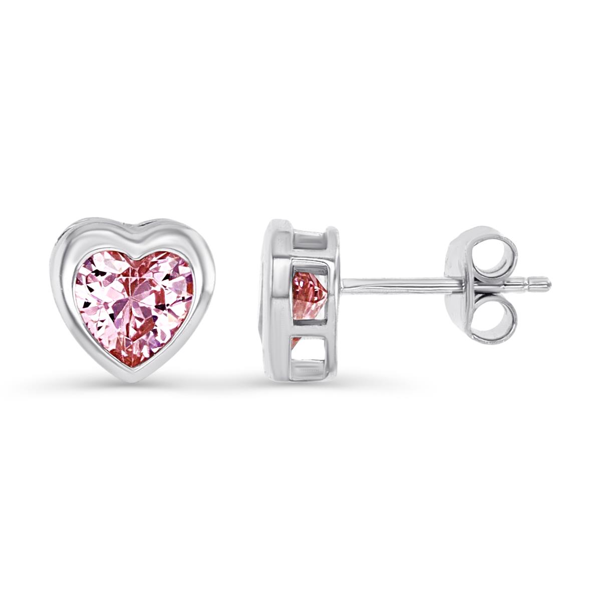 Sterling Silver Rhodium 8MM Polished Pink CZ Heart Bezel Stud Earring
