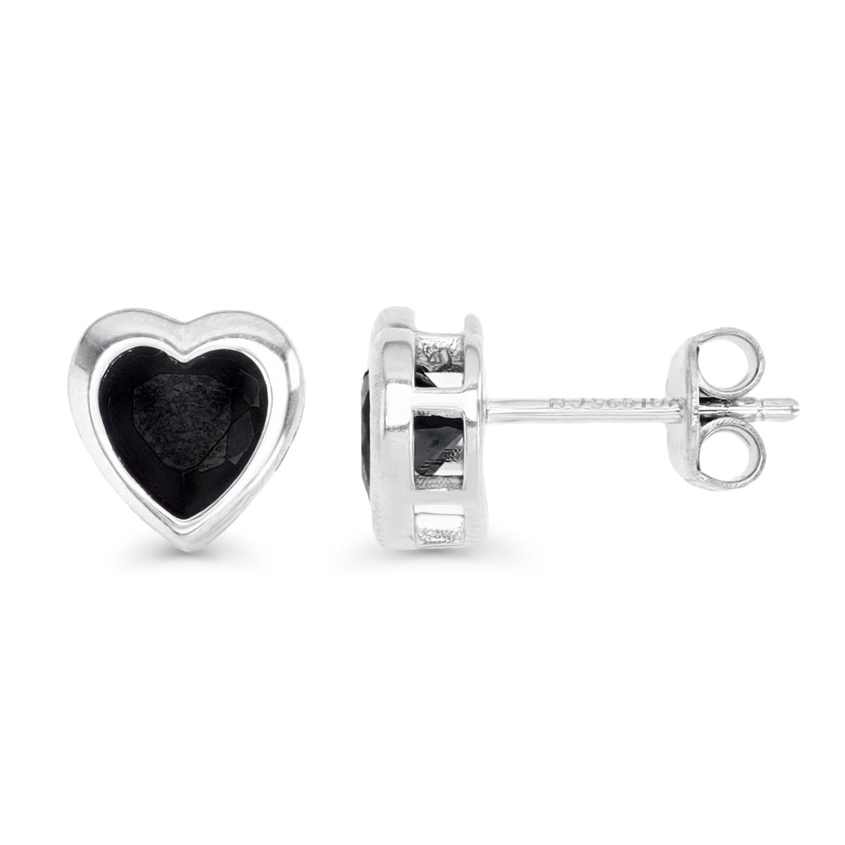 Sterling Silver Rhodium 8MM Polished Black Spinel Heart Bezel Stud Earring