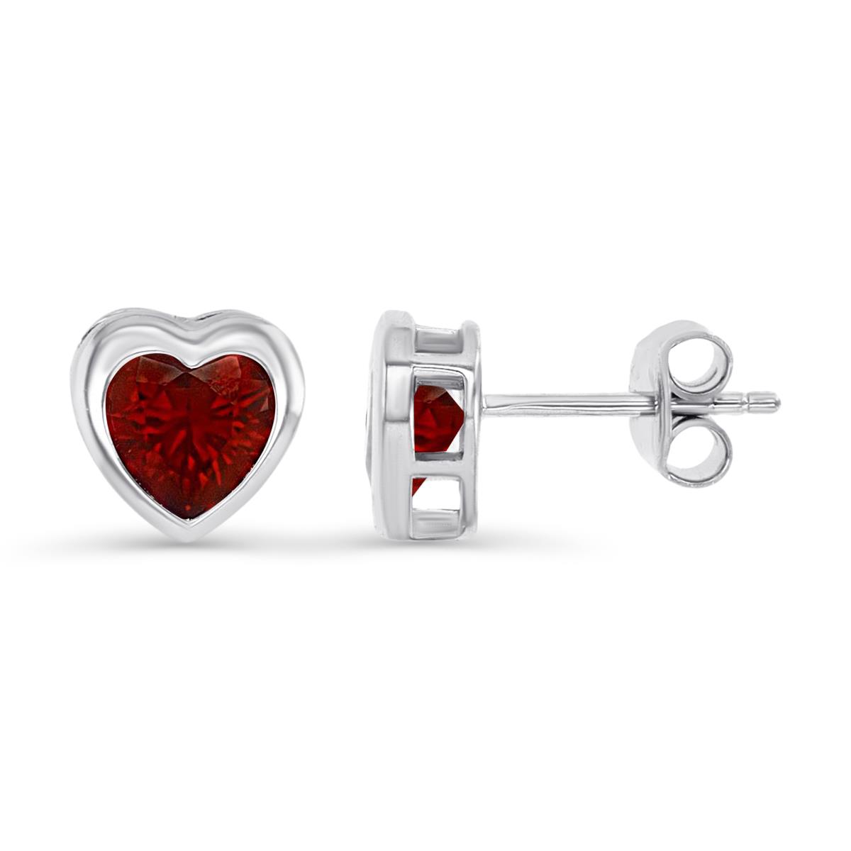 Sterling Silver Rhodium 8MM Polished Cr Ruby Heart Bezel Stud Earring