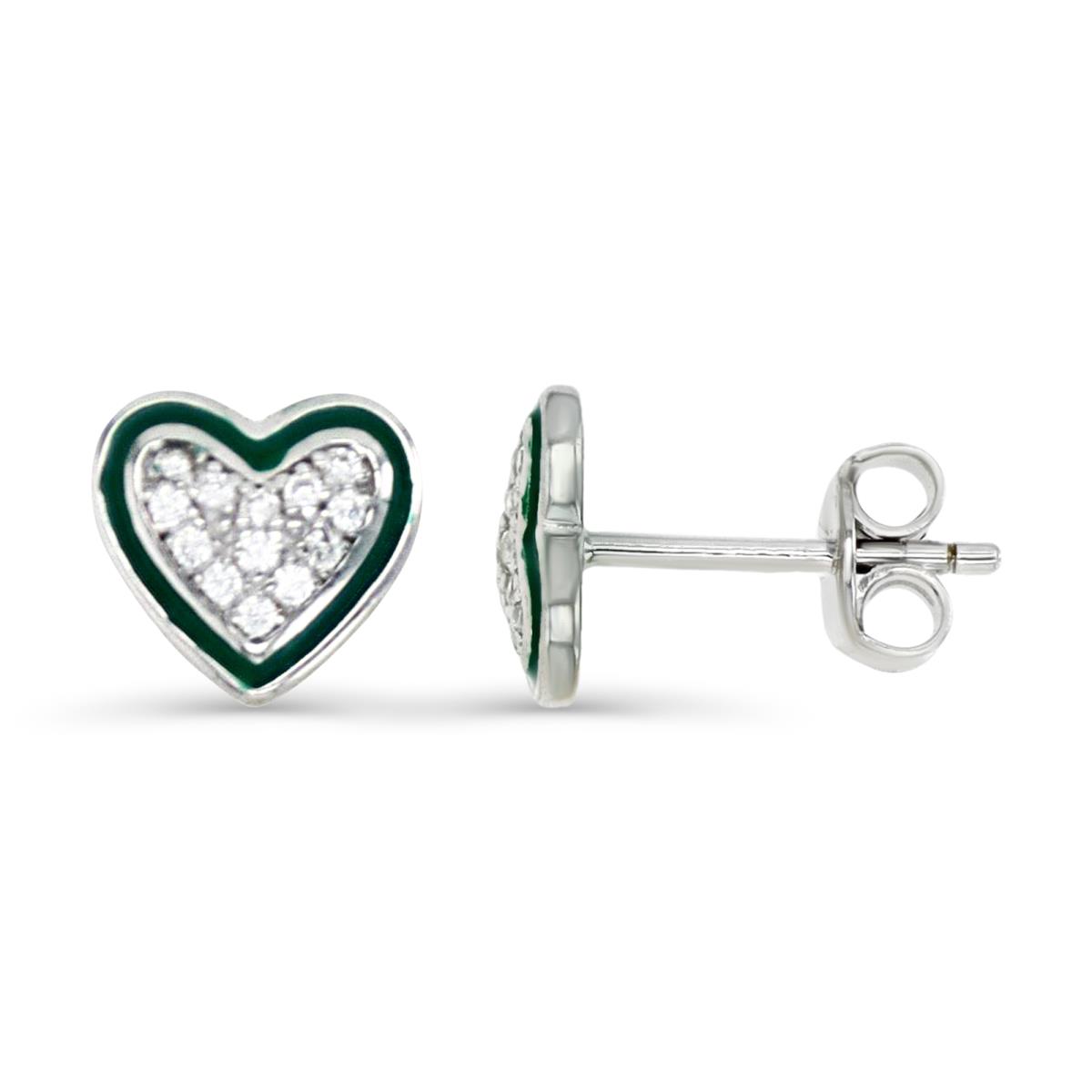 Sterling Silver Rhodium 8MM Polished White CZ Pave & Green Enamel Heart Stud Earring