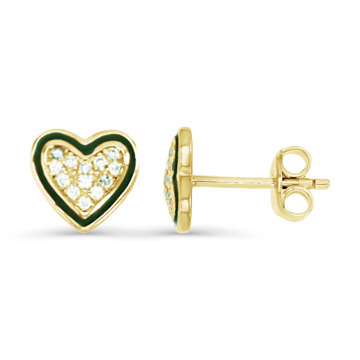 Sterling Silver Yellow 1M 8MM Polished White CZ Pave & Green Enamel Heart Stud Earring