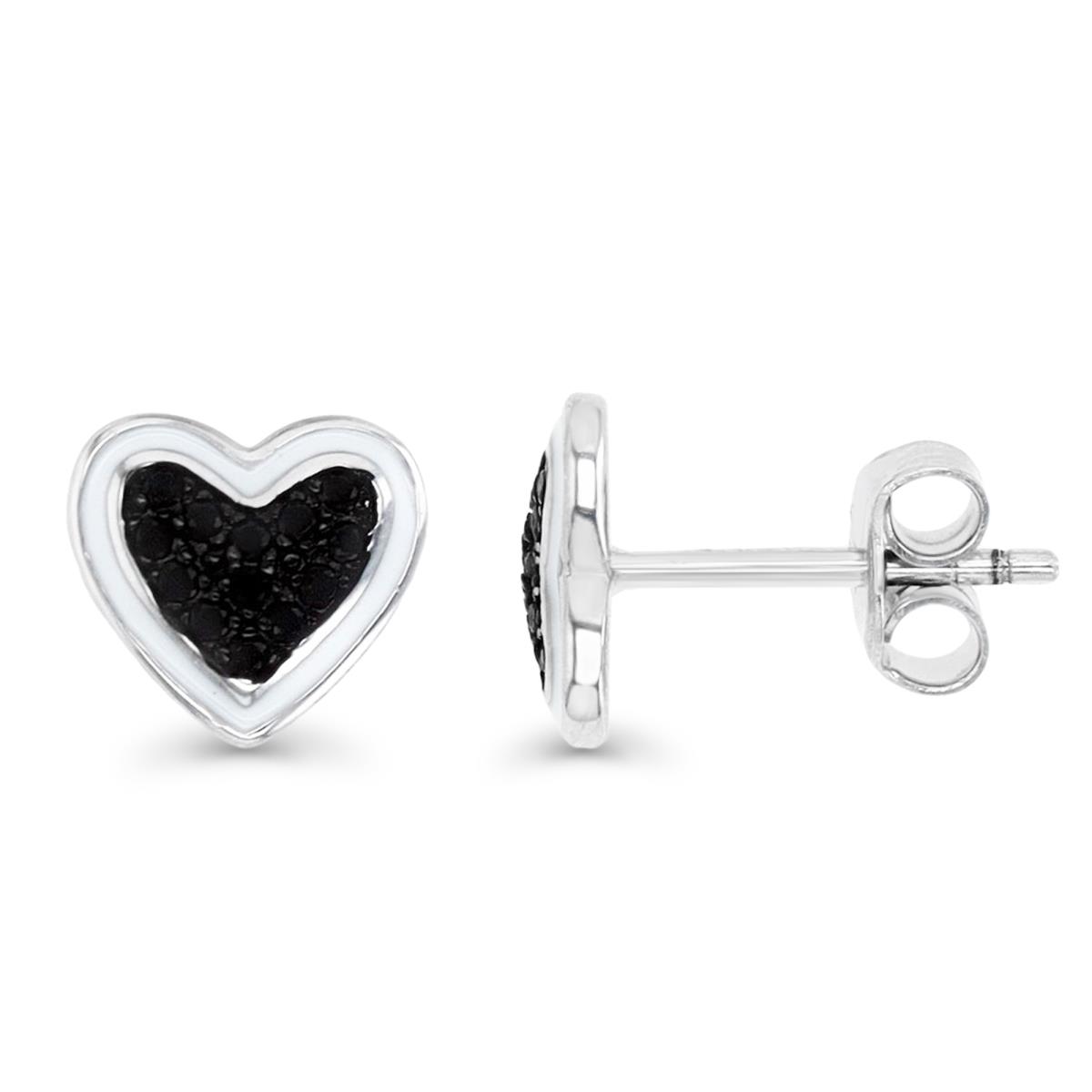 Sterling Silver Rhodium 8MM Polished Black Spinel Pave & White Enamel Heart Stud Earring