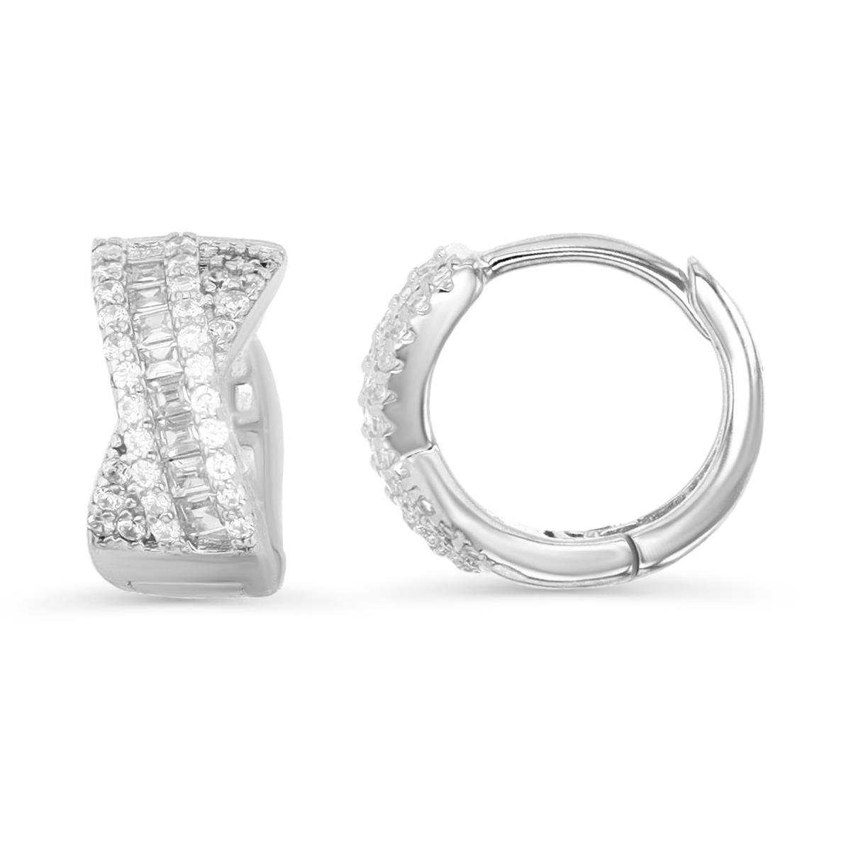 Sterling Silver Rhodium 12X6MM Polished White CZ Criss Cross Huggie Earring