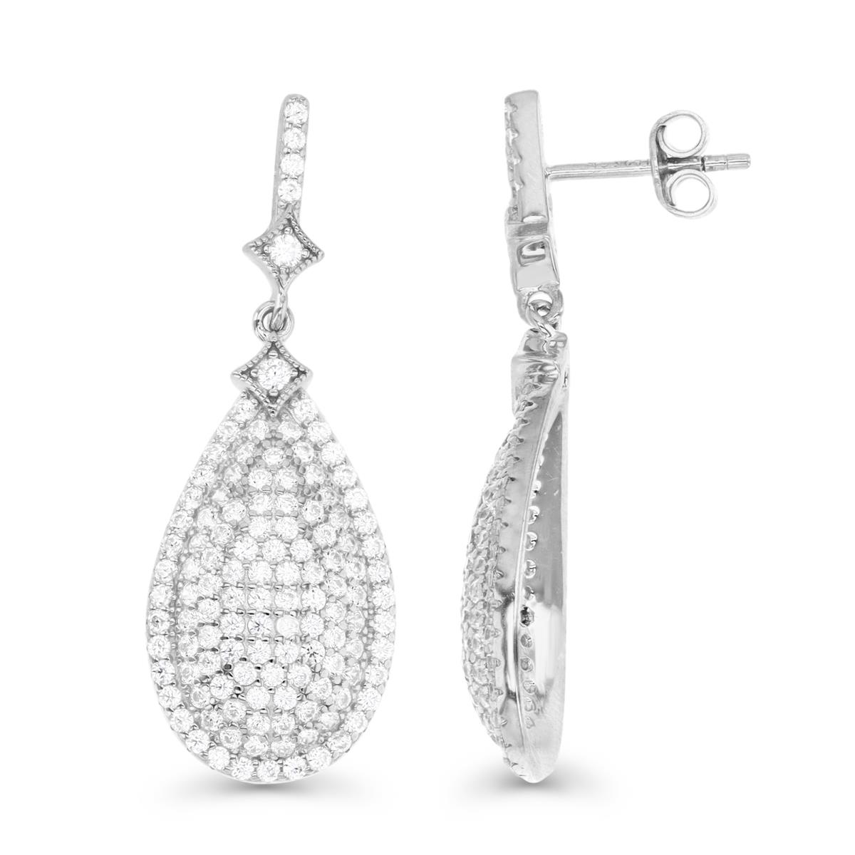 Sterling Silver Rhodium 38X13MM Polishhed White CZ Pave Tear Drop Earring