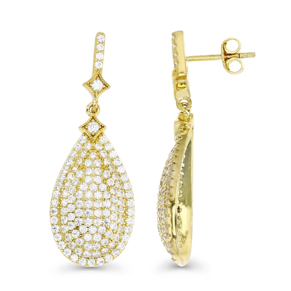 Sterling Silver Yellow 1M 38X13MM Polishhed White CZ Pave Tear Drop Earring