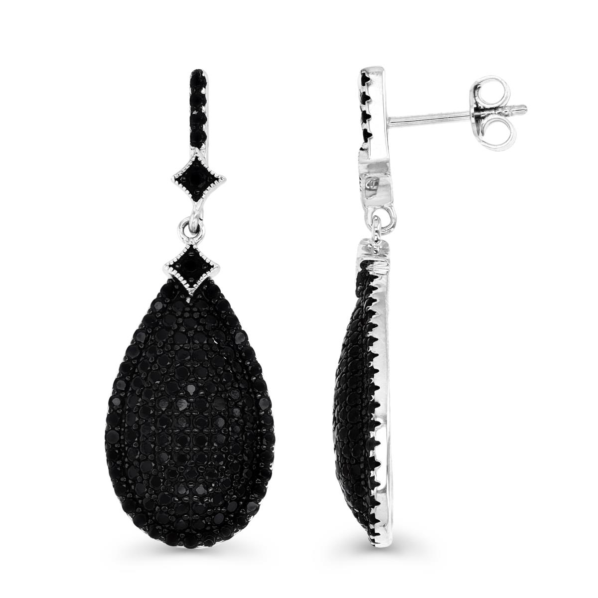 Sterling Silver Rhodium 38X13MM Polishhed  Black Spinel Pave Tear Drop Earring