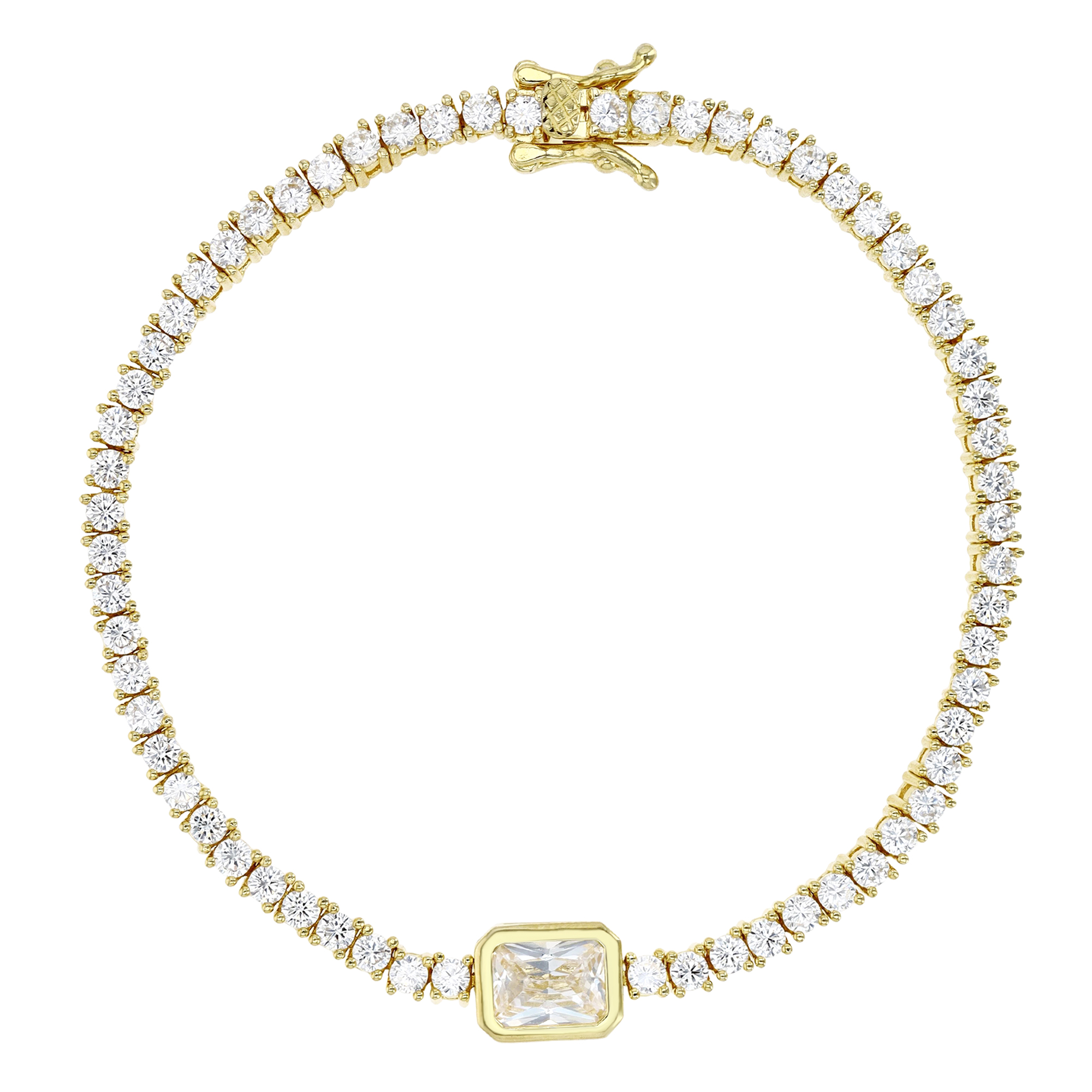 Sterling Silver Yellow 7MM Polished White CZ & Emerald Cut Center Stone 7'' Tennis Bracelet