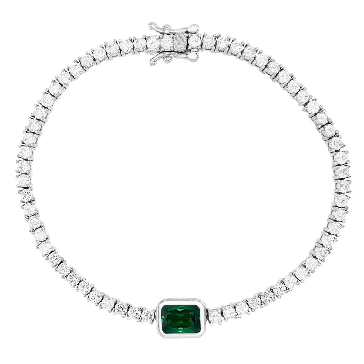 Sterling Silver Rhodium 7MM Polished Green & White CZ & Emerald Cut Center Stone 7'' Tennis Bracelet