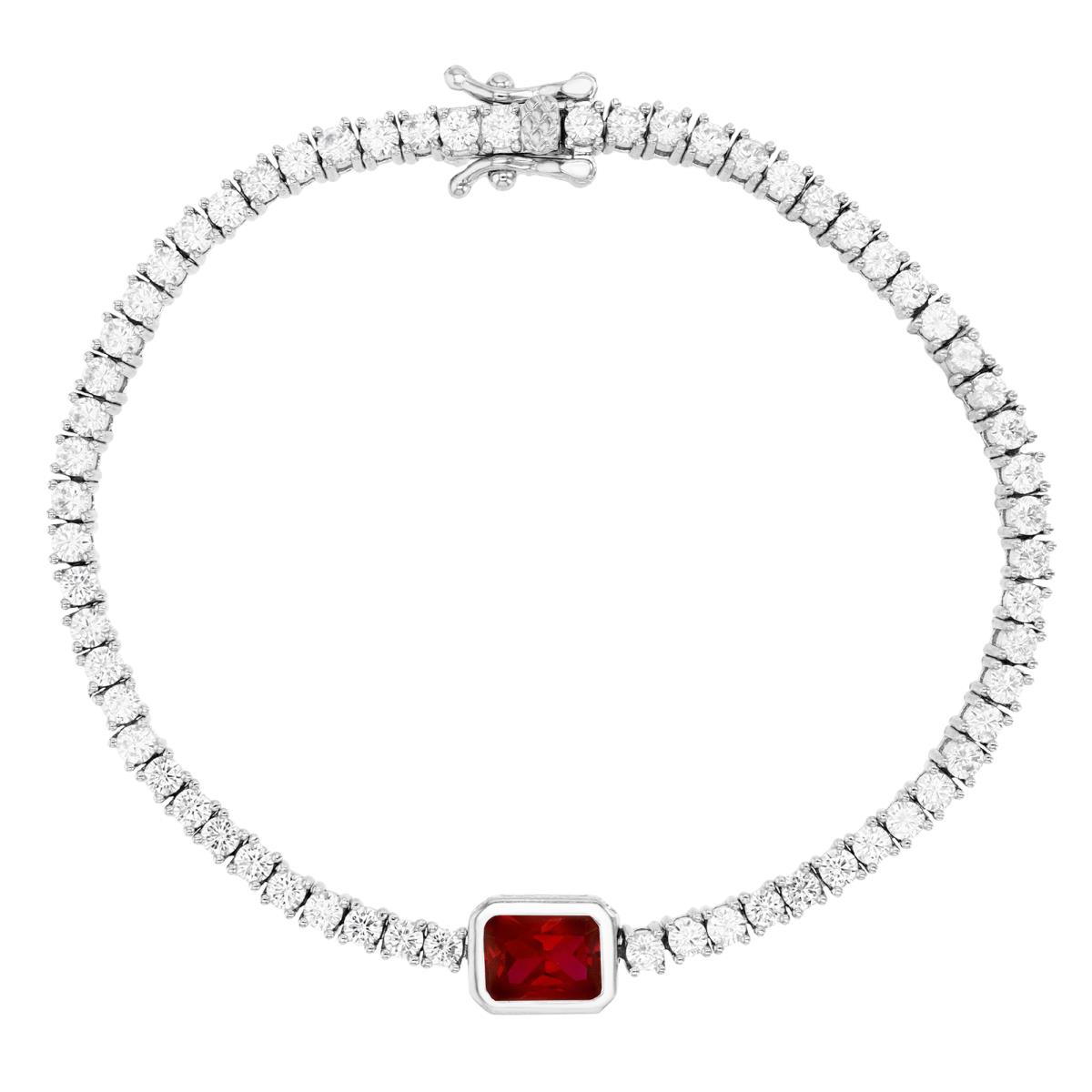 Sterling Silver Rhodium 7MM Polished  White CZ  & Cr Ruby Emerald Cut Center Stone 7'' Tennis Bracelet