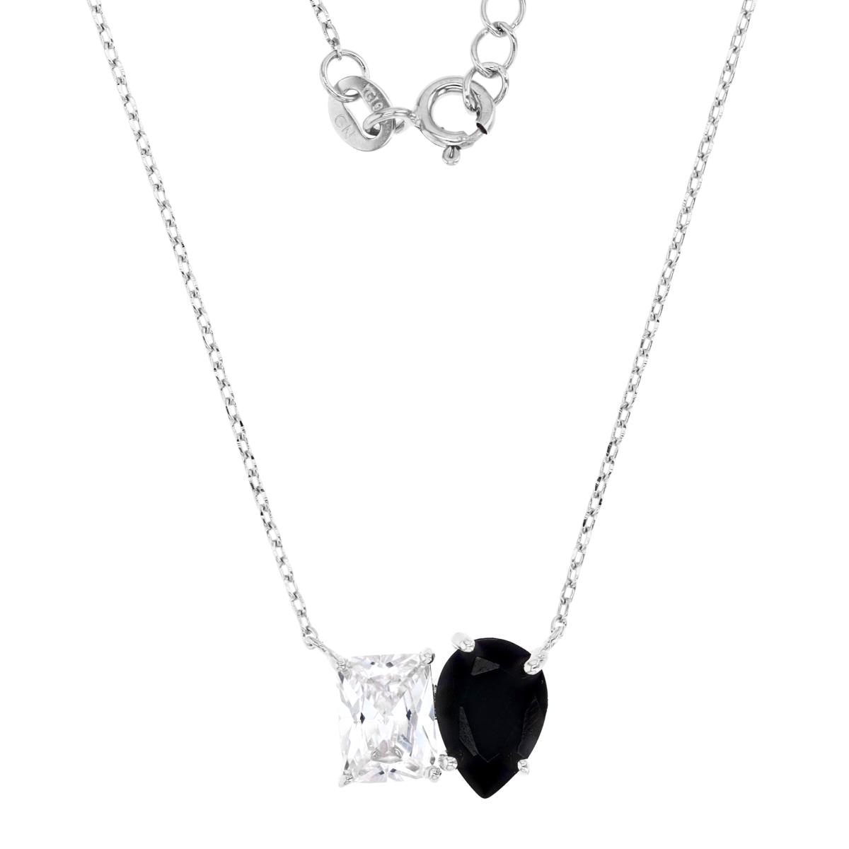 Sterling Silver Rhodium 13MM Polished Black & White CZ Emerald Cut & Pear 18+2'' Necklace