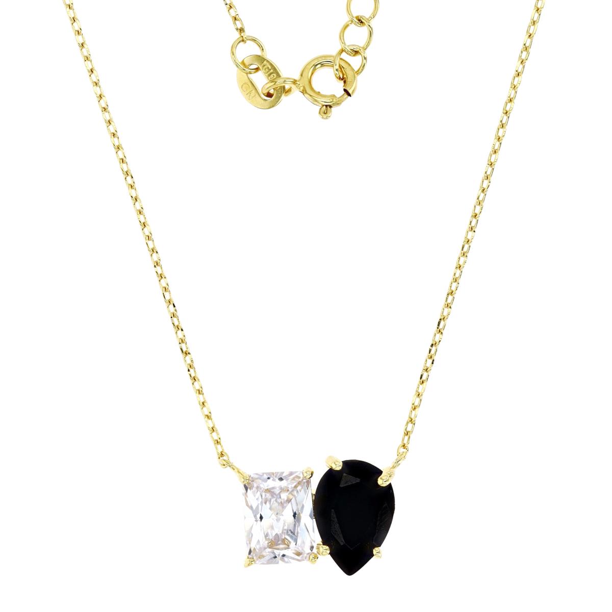 Sterling Silver Yellow 1M 13MM Polished Black & White CZ Emerald Cut & Pear 18+2'' Necklace