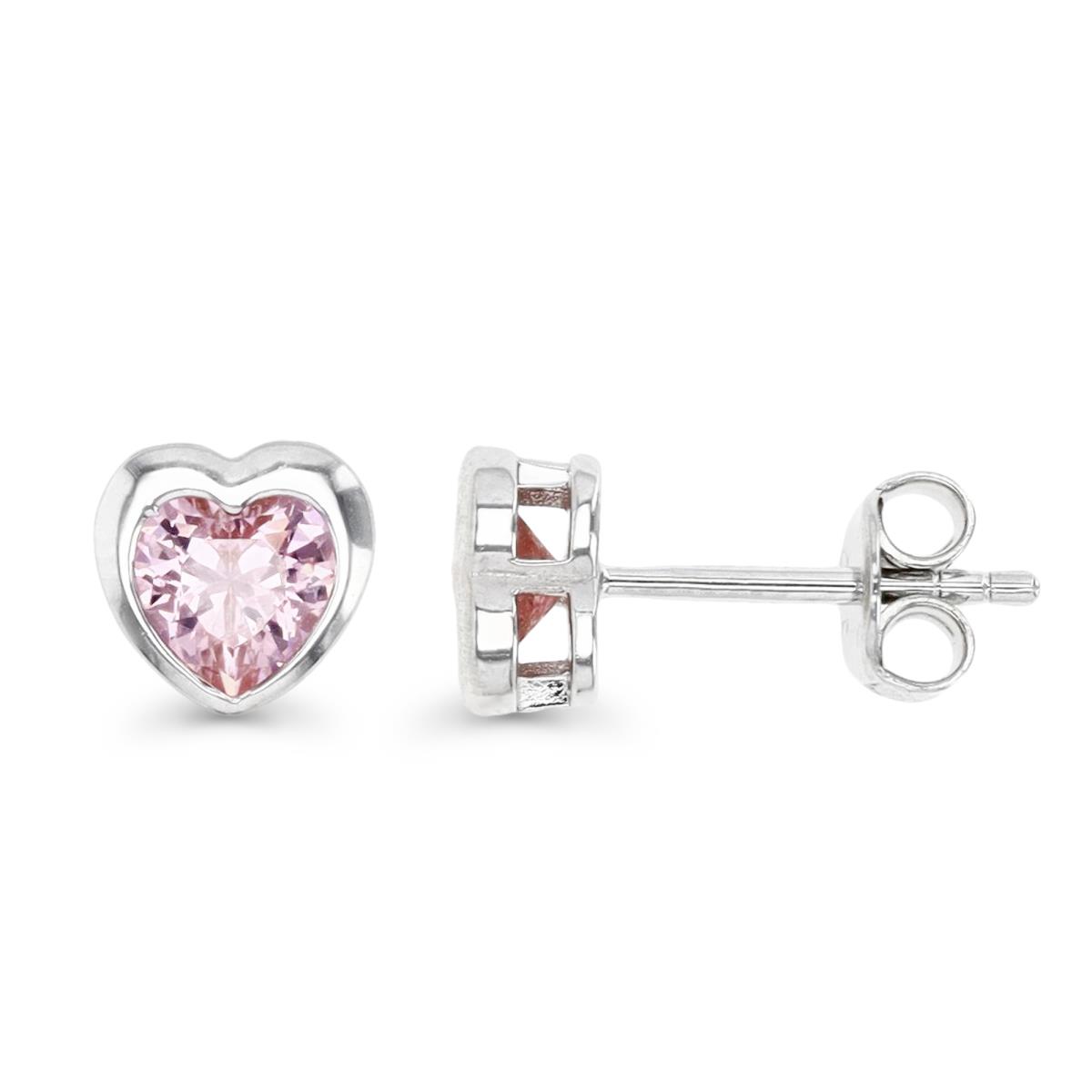 Sterling Silver Rhodium 5MM Polished Pink CZ Bezel Heart Stud Earring