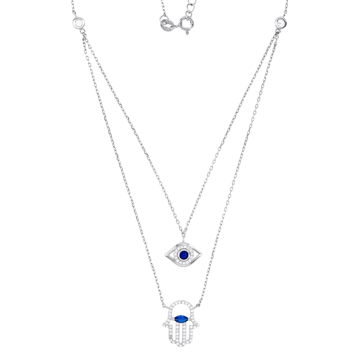 Sterling Silver Rhodium 15X12MM Polished Cr Spinel & White CZ Hamza & Evil Eye 16+2'' Necklace