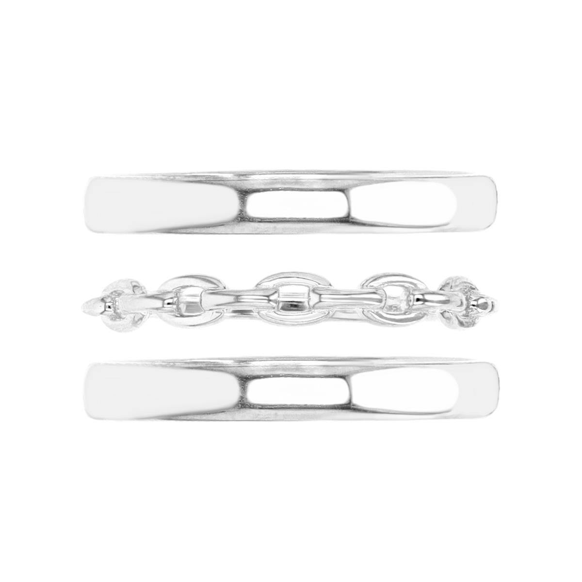 Sterling Silver Rhodium 2MM Link & Band Trio Ring