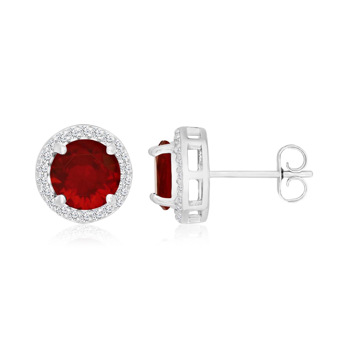Sterling Silver Rhodium 8MM Cr Ruby & Cr White Sapphire Halo Stud Earring