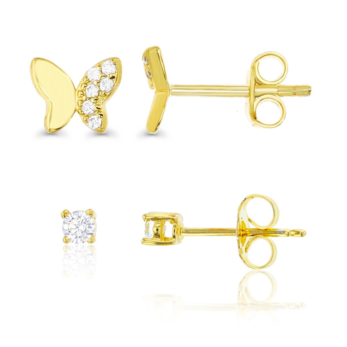 Sterling Silver Yellow 4MM;6X5 White CZ Round Solitaire & Half Pave Butterfly Earring Sets Set