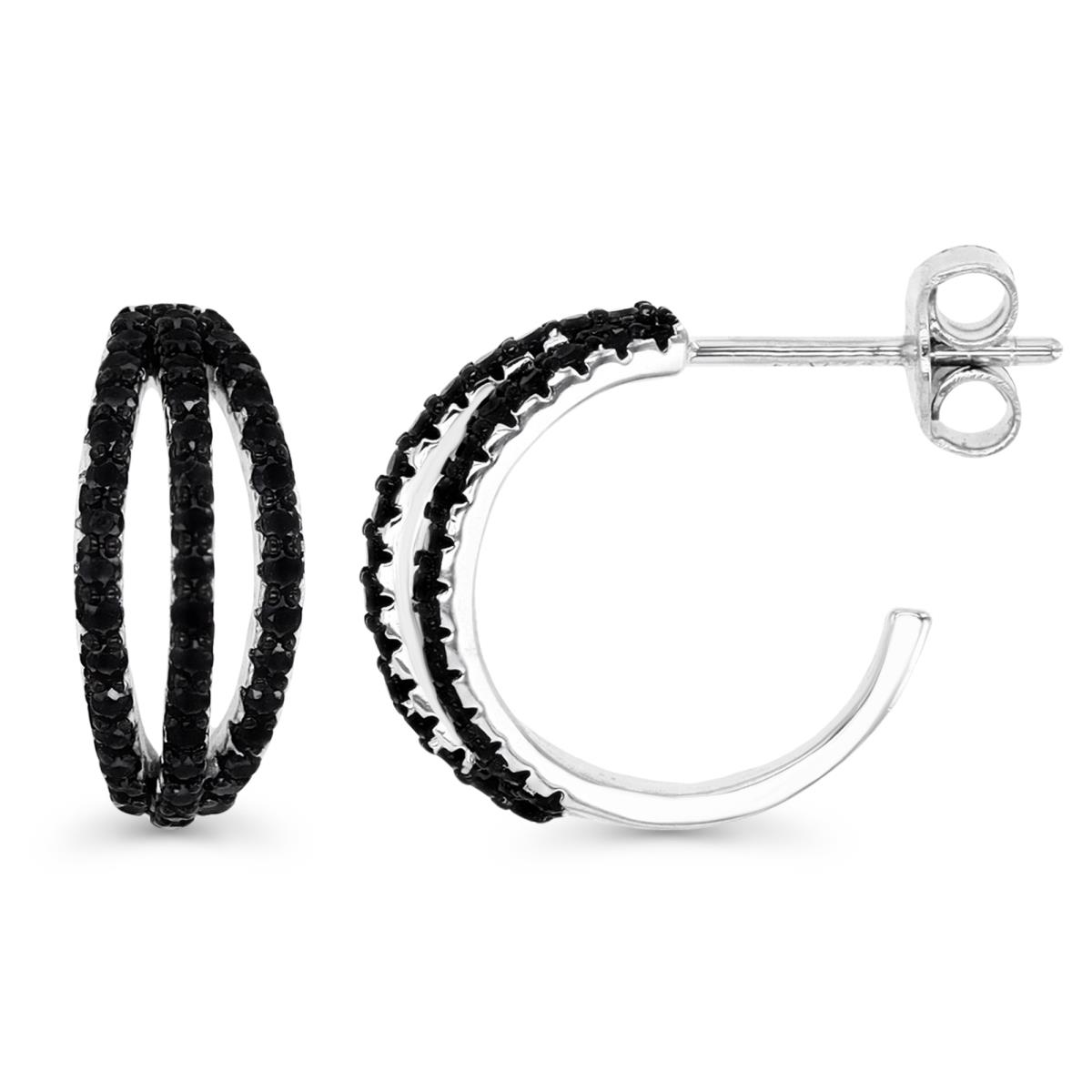 Sterling Silver Rhodium 15X6MM Polished Black Spinel Three Row Pave Semi Hoop Earring