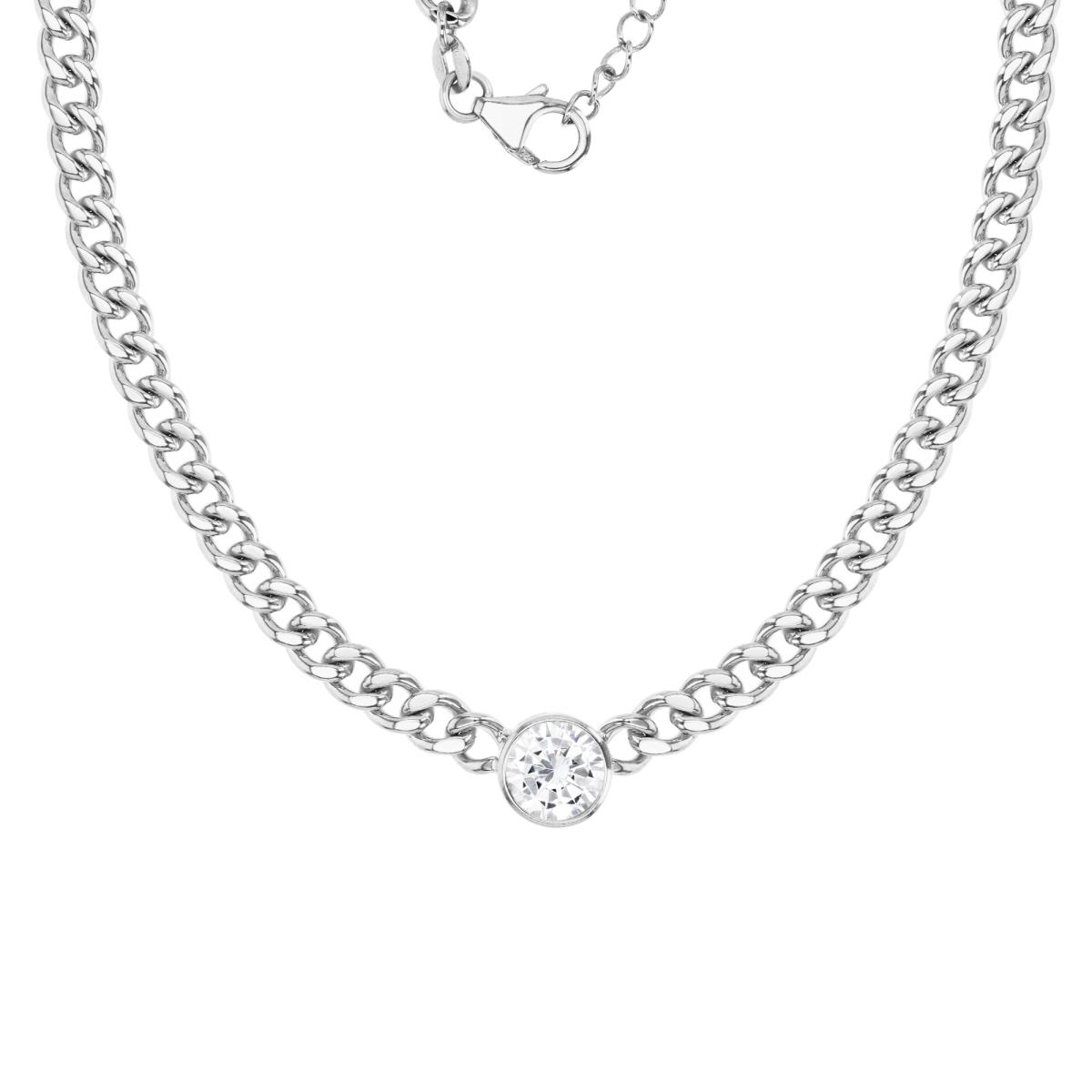 Sterling Silver Rhodium 9MM Polished White CZ 18+2'' Cuban Necklace