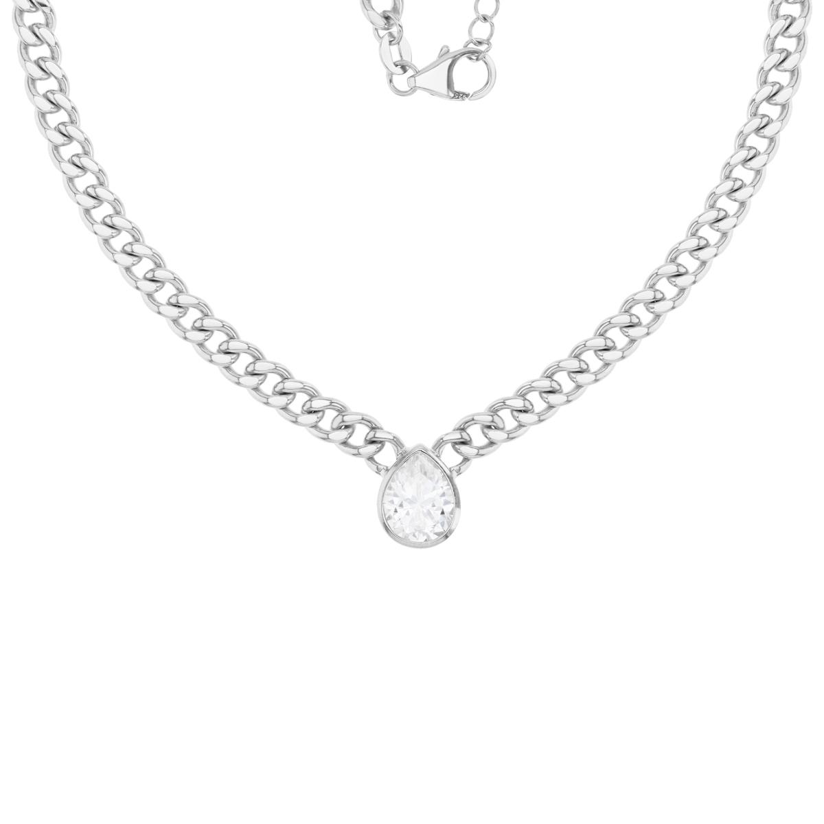 Sterling Silver Rhodium 11MM Polished White CZ Pear Shape 18+2'' Cuban Necklace